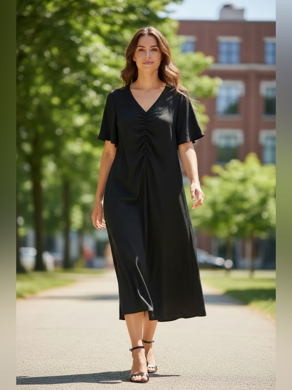 H&M Black Textured Dress with V-Neck